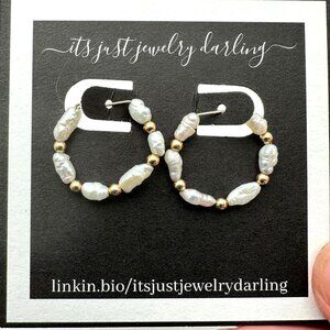 14K Yellow Gold Womens Earrings Seed Pearl 3/4" Hoops Pierced Gift Idea